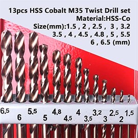 M35 Juego de Brocas Métricas de Cobalto, 13pzas HSS-Co Brocas de Trabajo de Longitud de Torsión 1.5-6.5mm Juego de Brocas de Vástago Recto para Madera Dura, Hierro, Acero Inoxidable, Varios Metales