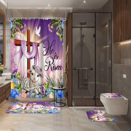 Lofaris 4pcs Shower Curtain Set with Non-Slip Rugs, He is Risen Easter Lamb Design, Includes Shower Curtain, Toilet Lid Cover, and Bath Mat, Polyester Fabric Bathroom Set with 12 Hooks