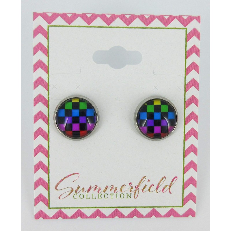 Summerfield Collection Stainless Steel Checkerboard Print Glass Stud Earrings 12mm