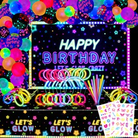 192 PCS Neon Glow Birthday Party Supplies - Glow in The Dark Birthday Backdrop Banner, Let’s Glow Tablecloth, Neon Balloons, Temporary Tattoo, Glow Sticks for Black Light Neon Party Decorations