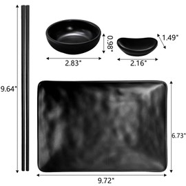 ELFULLY 16 Pcs Sushi Plate Set, Melamine Sushi Serving Set for 4, Japanese Dinnerware Sets with 4 Sushi Trays, 4 Soy Sauce Bowls 4 Pairs of Chopsticks and Holders, Wedding Housewarming Gift, Black