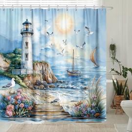Nautical Coastal Lighthouse Shower Curtain, Boho Ocean Beach Lighthouse Seascape Beachy Abstract Shower Curtain Set, Seasides Sailboat Seagull Fabric Shower Curtain for Bathroom 12 Hooks, 72"×72" Blue