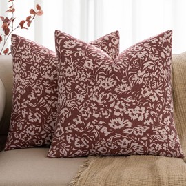 MIULEE Pack of 2 Christmas Floral Pillow Covers Decorative Throw Pillow Covers 18x18 Farmhouse Neutral Pillow Covers Modern Linen Cushion Covers for Living Room Sofa Bed,Wine Red