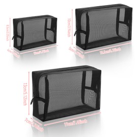 Wanmu 3 Pieces Mesh Cosmetic Bag, 3 Size Portable Mesh Makeup Pouches with Zipper, Travel Organizing Toiletry Bag for Home, Office Accessories Organizer (Black)