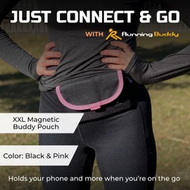 Running Buddy Magnetic Buddy Pouch – Beltless “No Bounce” Pouch / Waist Pack Carries Phone and Other Essentials – Great for Running, Walking, Travel and More – Black and Pink, Size XXL (7-1/8” Long)