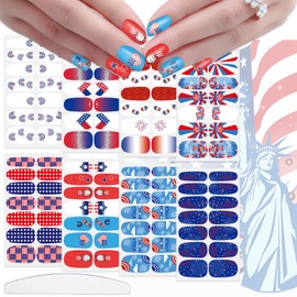 JERCLITY 112 Pieces 8 Sheets 4th of July Independence Day Nail Stickers Patriotic American Flag Strip Full Wraps Self-Adhesive Nail Polish Stickers Wraps Decals Tips with Nail File