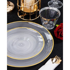 Morejoy 175PCS Clear Gold Plastic Plates - Disposable Gold Party Plates & Pre Rolled Napkins with Cutlery for 25 Guests, 50Plates, 75Silverware, 25Cups, 25Napkin for Party & Wedding