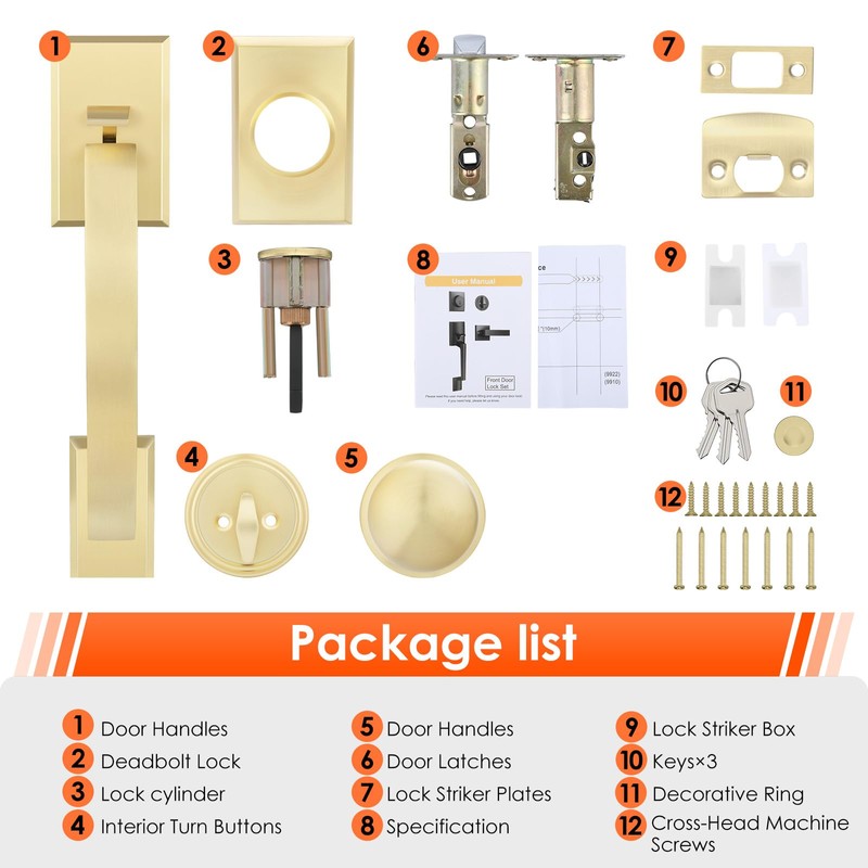 Haidms Gold Front Door Handle and Deadbolt Set, Front Door