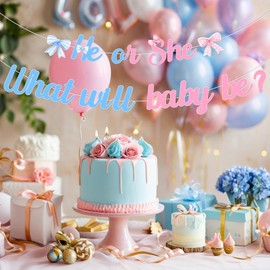 Bow He or She Banner for Boy or Girl Gender Reveal Party Baby Shower