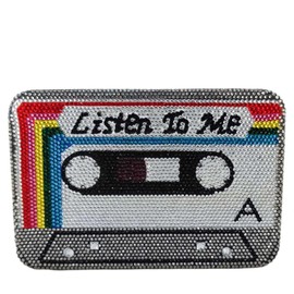 Boutique De FGG Retro Listen to Me Music Cassette Tape Crystal Clutch Bags Prom Rhinestone Evening Handbags Party Dinner Purses