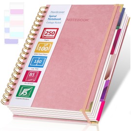 Spiral Notebook, Notebooks College Ruled, 5 Subject Notebook with Dividers, Hardcover Notebooks for Work, School, Note Taking, 250 Page Leather Notebook Journal for Women Men, Large B5 Pink Notebook