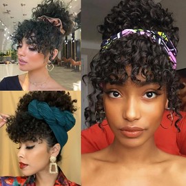 Yowzpe Afro Puff Drawstring Ponytail Extension Curly Bangs Clip Short for Black Women Wig piece Hair Extensions Fiber Synthetic Hairpieces