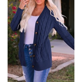 ZESICA Women's Cardigan Sweaters Fall Button Down Open Front Cable Knit Casual Trendy Winter Clothing Outerwear Navy Medium