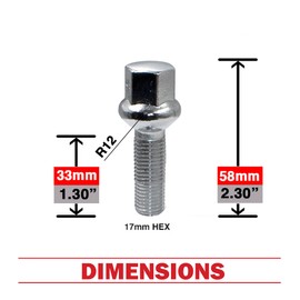 Wheel Accessories Parts Set of 20 Chrome 12x1.5 Lug Bolts Ball Seat (R12) 33mm Shank Length, M12 1.5 Thread, 17mm Hex Wheel Lug Bolts with Dual Hex Key (20, Chrome, M12x1.5)