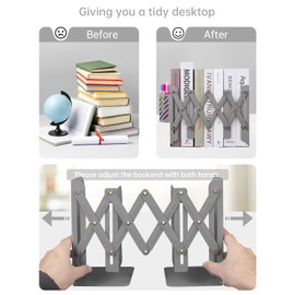 Honagu Adjustable Bookends, Metal Book Ends for Shelves Heavy Book, Desk Magazine File Organizer for Home, Office, Books, Papers, Extends up to 19 inches with Pen Holder (Grey)