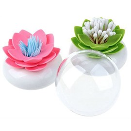 HomDSim Lotus Cotton Swab Holder,Cotton Bud Small Q-tips Toothpicks Brushes Holder Box Case Storage Organizer Jar with Clear Lid Dustproof Cover (Pink + Green)