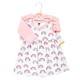 Hudson Baby Baby Girls' Cotton Dress and Cardigan Set, Modern Rainbow, 6-9 Months