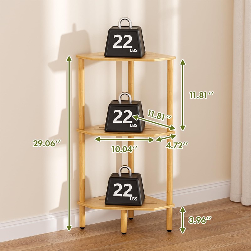 Atoping 3 Tier Bamboo Corner Shelf, Storage Stand with Adjustable