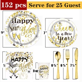 PAMMYAN 2024 Happy New Year Party Supplies Tableware Set - 152 PCS Disposable Dinnerware Tablecloth Set - Gold Paper Plates Napkins Cups, Gold Plastic Forks Knives Spoons for New Years Eve Party