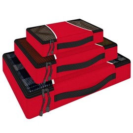 Vinsani 3 Piece Packing Cubes Set Suitcase Travel Organiser Holiday Travelling Essentials Waterproof Breathable Multiuse Clothes Toiletries Bag Luggage Carry On Compression Storage Bags – Red