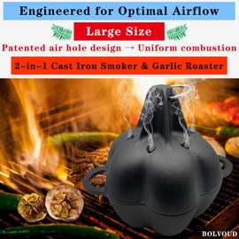 BOLVOUD Large Cast Iron Smoker Roaster & Garlic Roster Baker, Smoker Box, Pre-Seasoned Cast Iron Garlic Roaster for Grill, Perfect for BBQ and Oven, for Smoky, Flavorful Vegetables, Meats Wood Chips