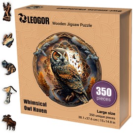 LEOGOR Wooden Puzzles for Adults – 350 Piece, 15 x 14.8 in Extra-Thick 5mm Wood Puzzles Adult, Round Large Mosaic Jigsaw, Whimsical Owl Haven, Unique Hand-Shaped Pieces
