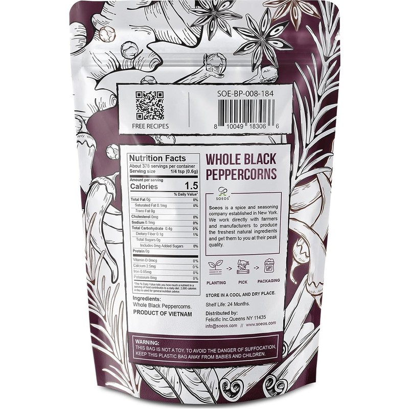 Soeos Black Peppercorns, 8oz (Pack of 1), Non-GMO, Kosher, Packed