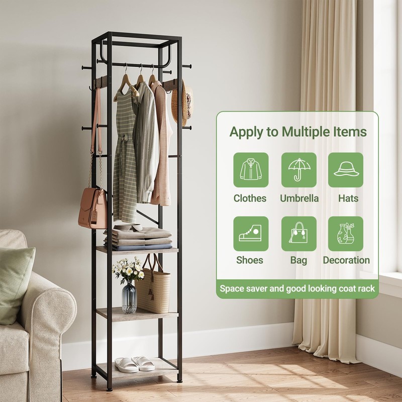 ELYKEN Coat Rack Freestanding, Hall Tree with 3 Storage Shelves
