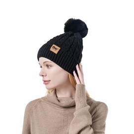 INCHOI Womens Winter Ribbed Beanie Crossed Cap Pompom Soft Warm Hat Winter Pompom Beanie Hat with Warm Fleece Lined (Polyester, Black)