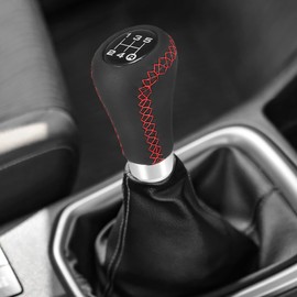 X AUTOHAUX Black Universal 5 Speed Auto Car Gear Lever Shifter Manual Stick Shift Knob PU Leather Red Stitches