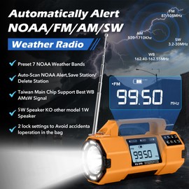 Hand Crank Emergency Radio NOAA Alert, AM/FM/SW Weather Radio, Survival Radios Solar Power, Bright Flashlight, USB-C Cell Phone Charger, SoS Alarm, Headphone Jack, Timer Clock for Home & Outdoor