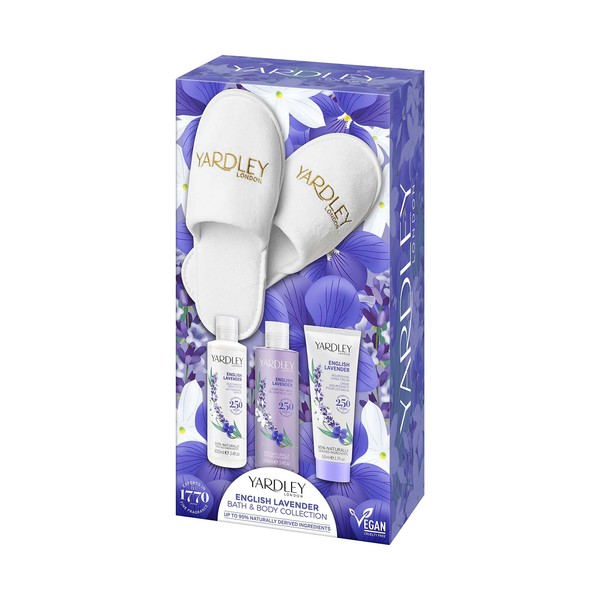Yardley London Traditional English Lavender Deluxe Bathtub, Body & Slippers Gift Set (4 Pieces)