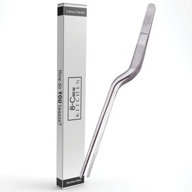 8-CREW KITCHEN Culinary Stainless Steel Tweezers, 8-inch Offset Tip Chef Precision Tongs for Plating, Decorating, Food Design, Bar and Multi-Purpose