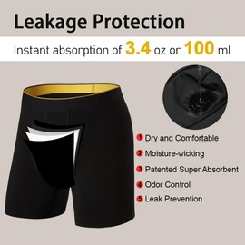 BATTEWA Full Coverage Incontinence Underwear for Men Overnight Leak Proof Boxer Briefs Protective Underpants for Male Bladder Control Absorbency 100ml, 3Pack (XL, Black)