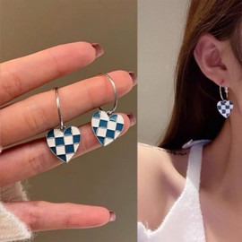YienDoo Blue White Checkered Grid Hoop Drop Earrings Geometric Checkered Racing Huggie Hoop Earrings Statement Acrylic Heart Striped Checkered Dangle Earrings Jewelry for Women