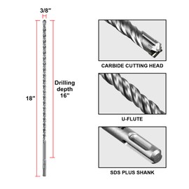 SALI SDS Plus Rotary Hammer Drill Bit 3 Pcs 3/8"*18" Concrete Drill Bit Kit Cross-Type Double Thread Carbide Material Suitable for Concrete, Brick, Cement Walls, Stone, Hammer Drill Bits for Concrete