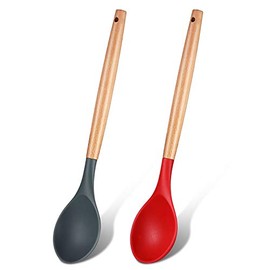 2 Pieces Silicone Mixing Spoon with Wooden Handle Non-Stick Basting Spoon Serving Spoon Heat Resistant Utensil SpoonsÂ for Mixing, Baking, Serving and Stirring, Red and Black