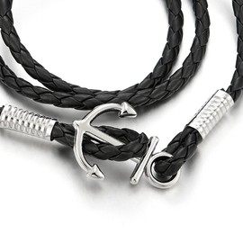 COOLSTEELANDBEYOND Mens Women Three-Lap Marine Anchor Wrap Bracelet Wristband with Black Nautical Sailor Leather Straps