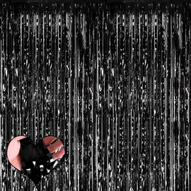 4 Pack Black Fringe Curtain Backdrop, 3.2Ft x 8.2Ft Metallic Tinsel Foil Fringe Streamers Curtains Background for Photo Booth Birthday Wedding Baby Shower Party Thanksgiving Christmas Decorations