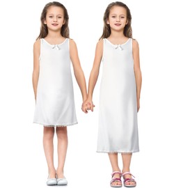 Toulite 2 Pcs Girls White Slip for Under Dresses Sleeveless Full Slip with Strap Lace Trim Tea and Knee Length Slips(Size 8)