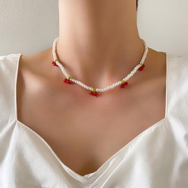 Cybche Cherry Pearl Necklace Choker Pearl Cherry Necklace Red Cherry Chain Necklace Cherry Pearl Clavicle Necklace Ruby Cherry Dangle Necklace Jewellery for Women, Zinc, No Gemstone