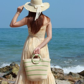 EVEOUT Straw Bag Women's Summer Beach Bag Large Boho Style Striped Handbag Woven Straw Basket Bag Straw Beach Bag, Green