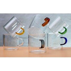 Bacimi® Clear Coffee Cups with Colorful Handles - Set of 6 / 4oz / 120ML - Borosilicate Glass Mugs for Cappuccino, Tea, Latte, Espresso & Hot Beverage - Mini Drinking Cups - Microwave Safe