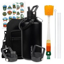 YONICOER Insulated Water Bottle 128oz,Triple Wall Vacuum Stainless Steel(Dishwasher Safe),Leak Proof & Non-BPA,Flask Jug with Paracord Handle & Straw Spout Lids Sports Black