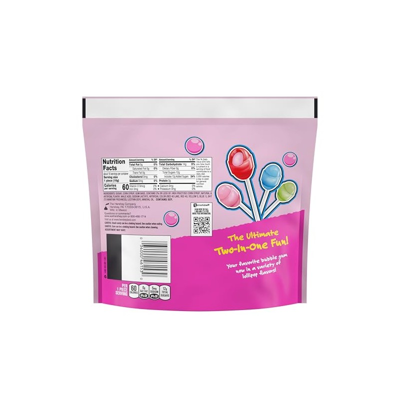 BUBBLE YUM Assorted Flavored Bubble Gum Filled Lollipops, Candy Bag,
