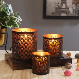 MARRAKESCH Set of 3 Lanterns, 14 cm, Large, Metal, Oriental Tea Light Holder, Zalia, Black Copper as Table Decoration