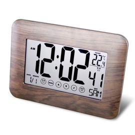 Digital Clock Alarm Clock, Radio-Controlled with Touch Screen – Calendar Display: Date, Day, Time + Temperature – 2 Alarms & Snooze Function – Wall Mounting or Standing – 7 Languages – Wood Effect