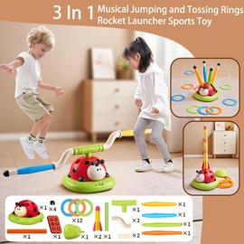 Powza 3 in 1 Musical Jump, Toss Ring Game and Stomping Launch Rocket Launcher for Kids Outdoor Toys with Remote Control, Indoor Outside Toy for Kids Ages 4-8 Toys for Ages 5-7 8-13 Birthday Gifts