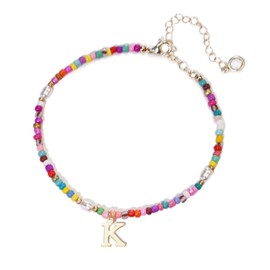 Fohufo Ankle Bracelets for Women - Non Tarnish Anklets for Women Waterproof Gold, Initial Boho Beaded Pearl Anklets, Foot Chain Anklet Summer Colorful Jewelry Gift, Letter K