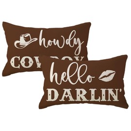 Funny Couple Lumbar Pillow Covers 12x20 Howdy Cowboy Hello Darlin’ Western Throw Pillowcases Rustic Farmhouse Decor Cushion Covers 2Pack for Cowboy Cowgirl Valentine Decorations (Brown)